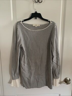 LOFT Black & White Striped Sweater with Cream Ruffle Cuffs
